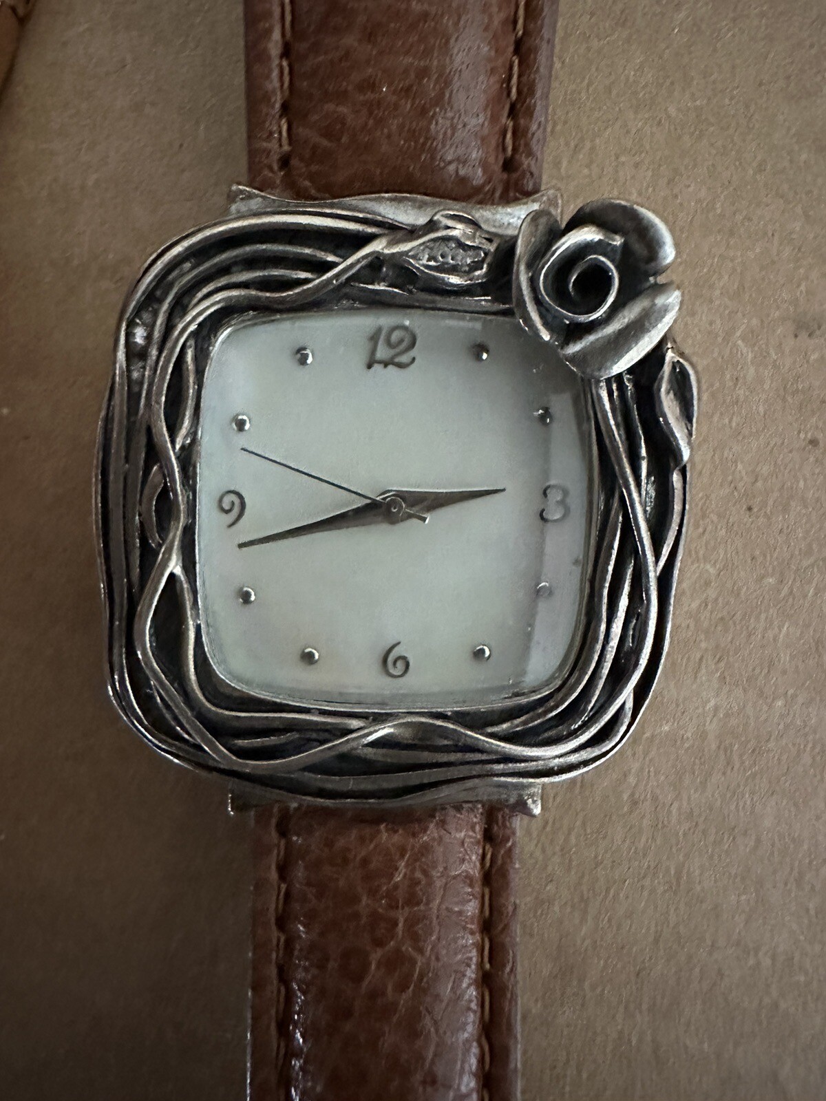 ISRAEL OR PAZ 925 Sterling Silver Artisan Rose Bezel MOP Quartz Watch