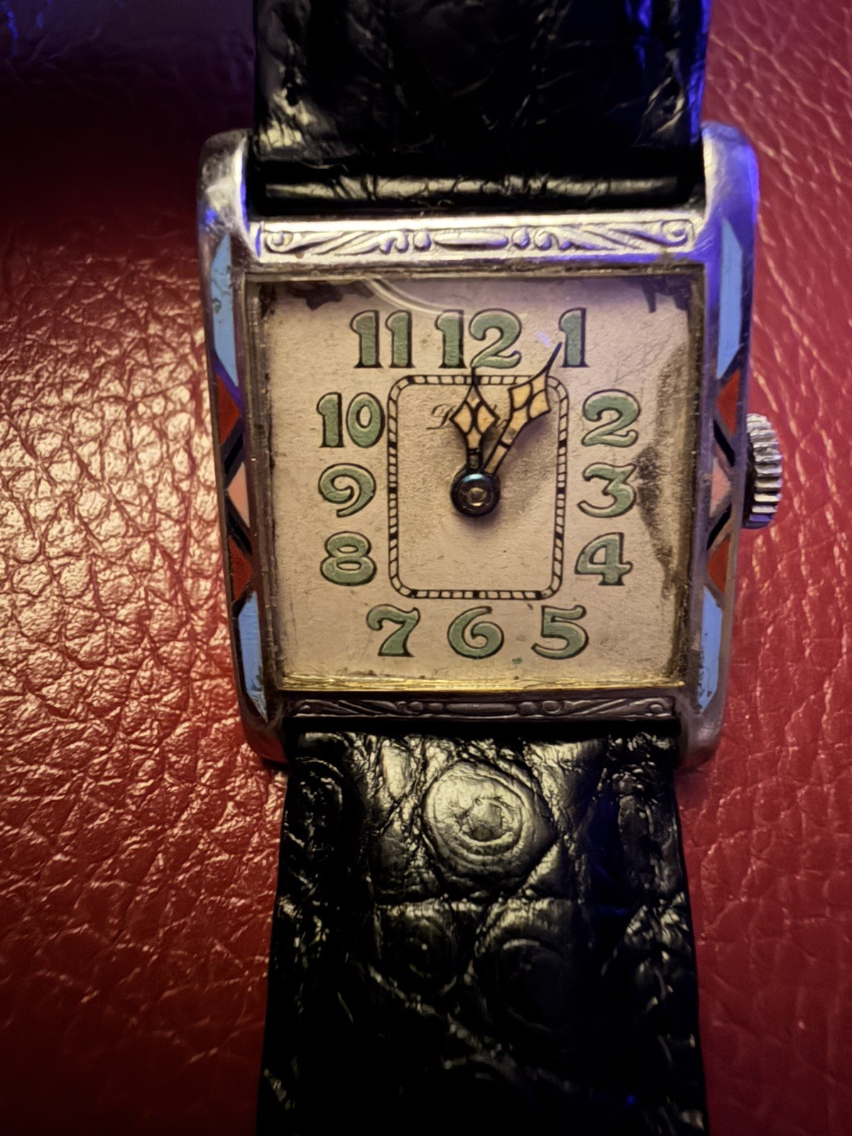 Vintage De Luxe RARE Mens ART DECO Enamel Nickel Chrome Watch Croc Strap
