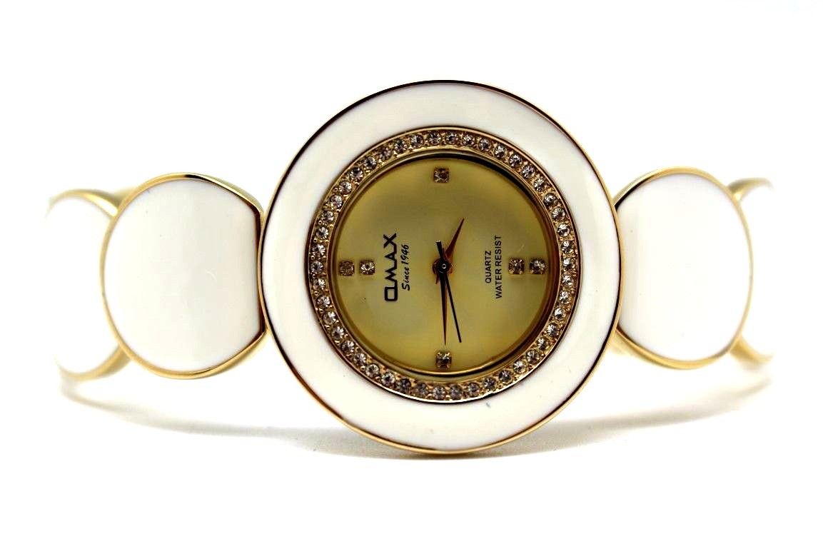 Omax Women’s Watch Black White Ceramic Style Round Link Rose Gold Stone Around