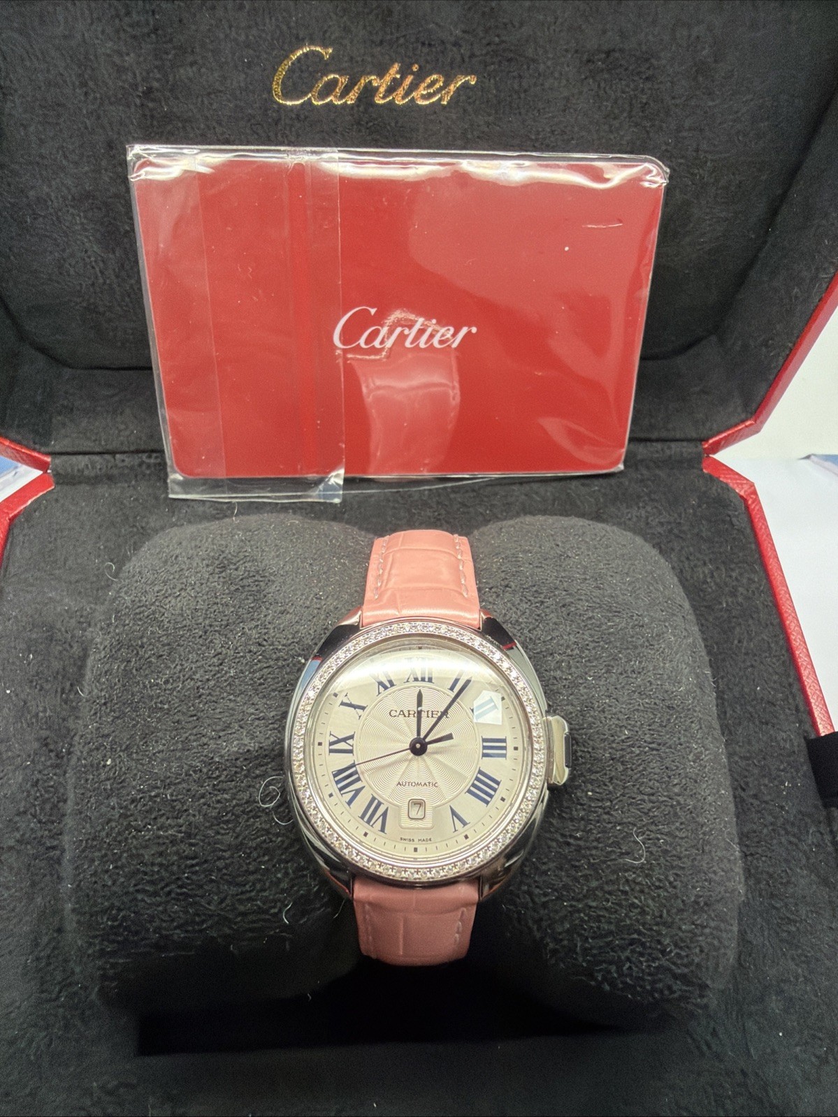 Cartier Cle De 31mm Silver Guilloche Dial Diamond Steel Automatic Watch W4CL0005