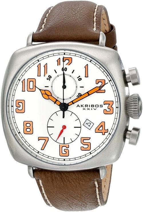 Akribos XXIV AK786WT Date Orange Accented Dial Brown Leather Strap Mens Watch