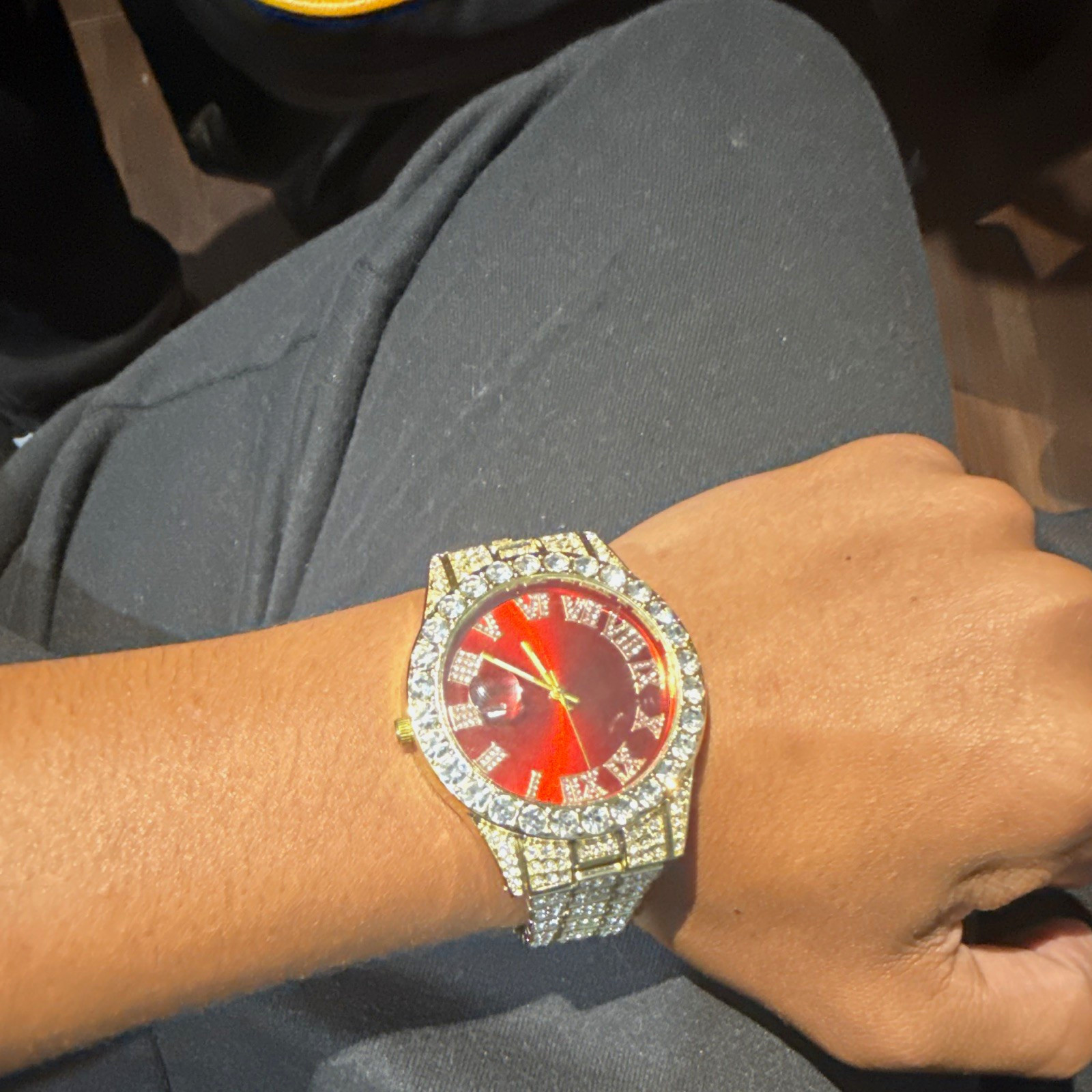 Gold Tone Iced Out Diamond Bezel Red Roman Dial Date Bracelet Wristwatch
