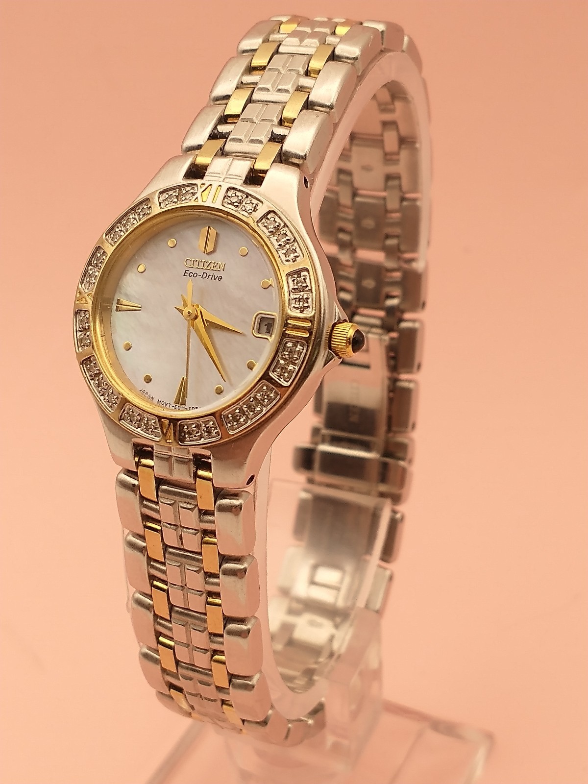 CITIZEN ECODRIVE Watch, Diamond Bezel, Motherof Pearl Dial, 2-tone, 7 1/4″, E011