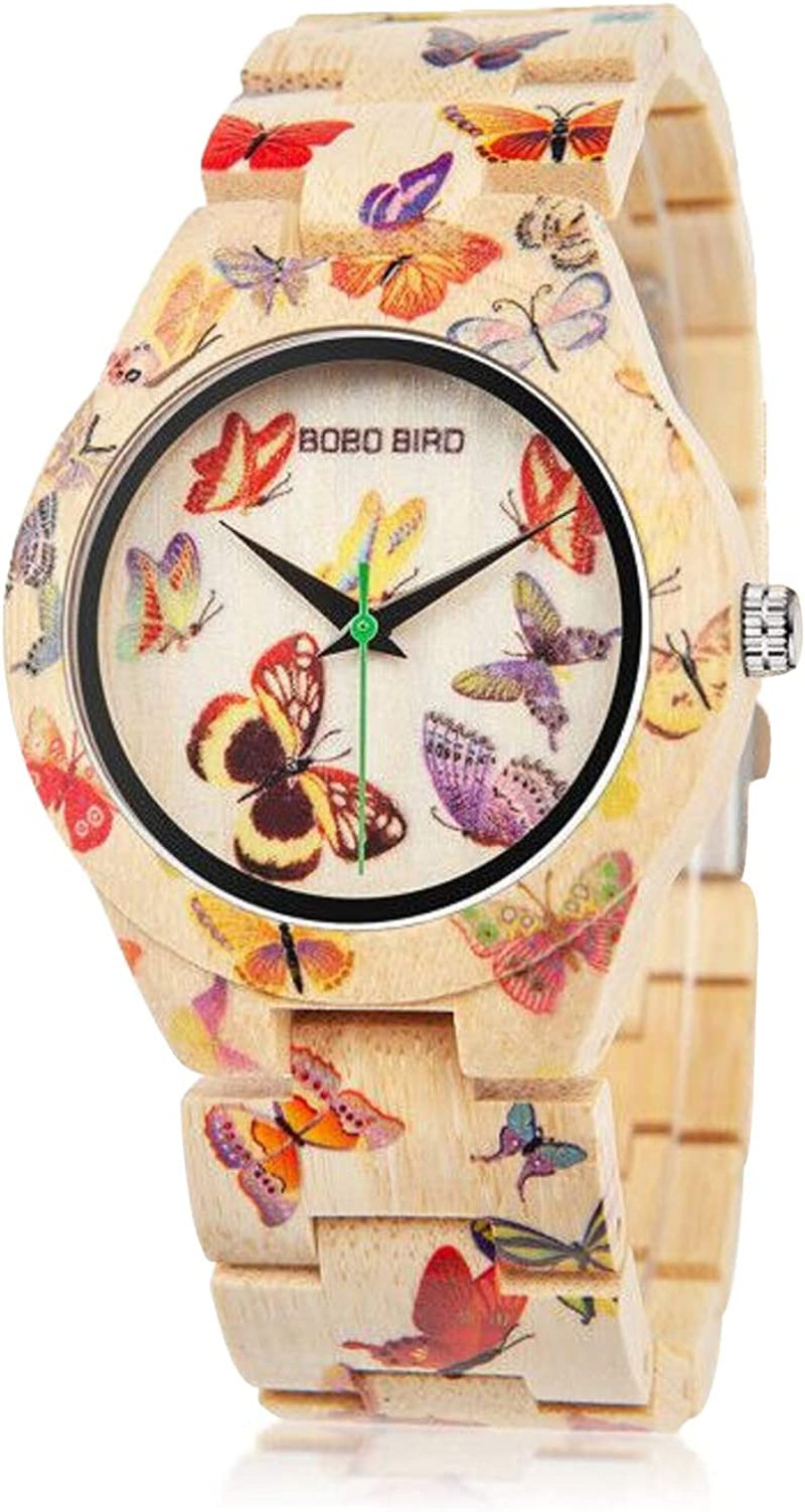 BOBO BIRD Women’S Watch Butterfly Engraved Handmade Casual Watches Bamboo Wooden