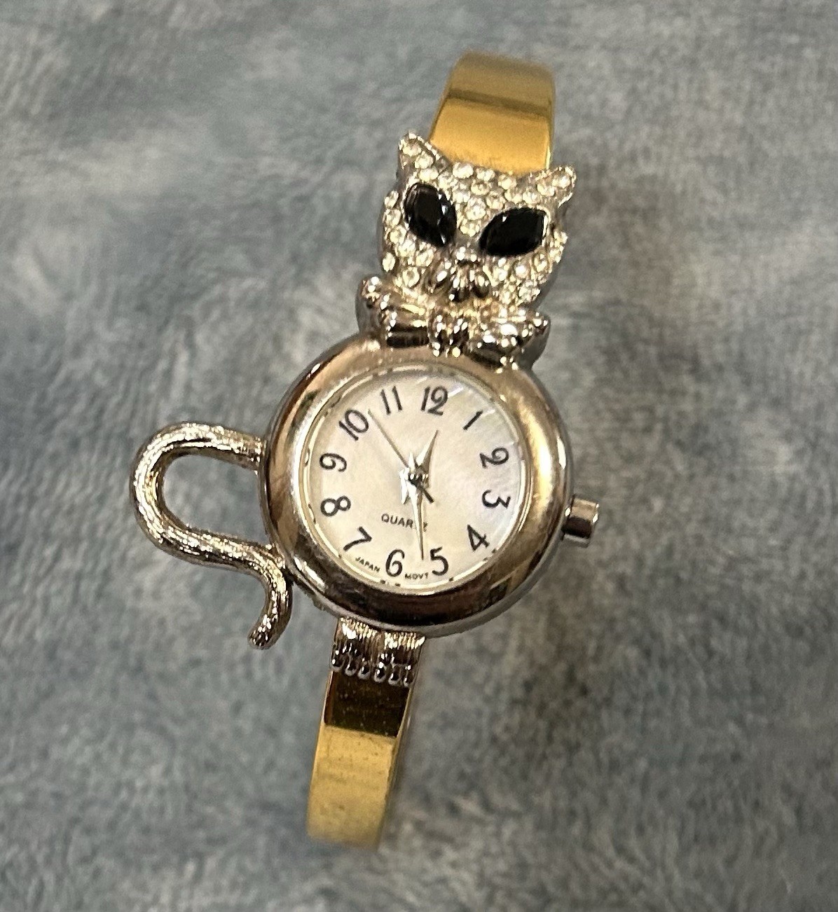 Avon Cat Watch Women Silver Gold Tone Hinged Cuff New Battery 6/8” Case~see Pics