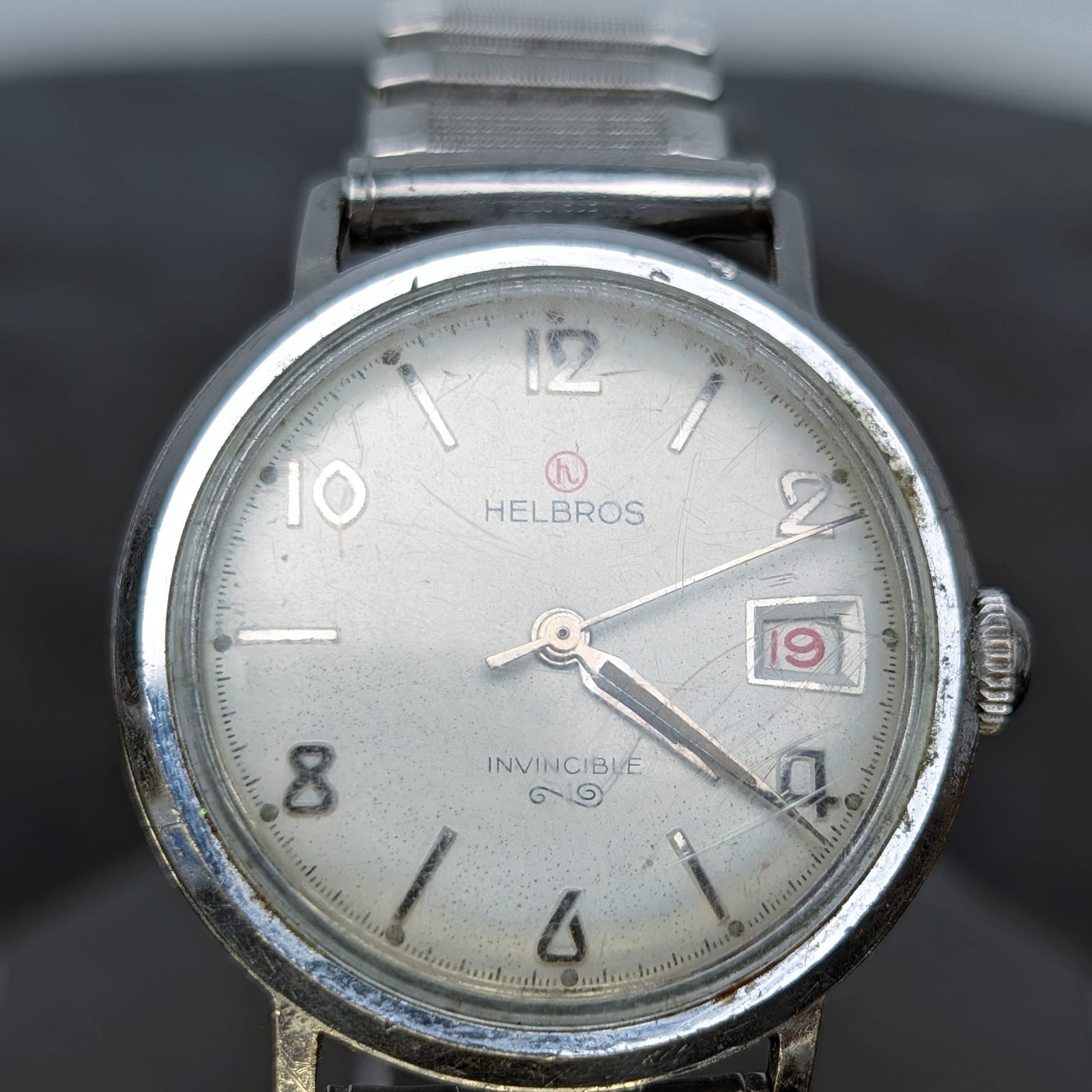 Helbros Invincible silver Mechanical Automatic Watch Swiss 7j 33mm VTG Working