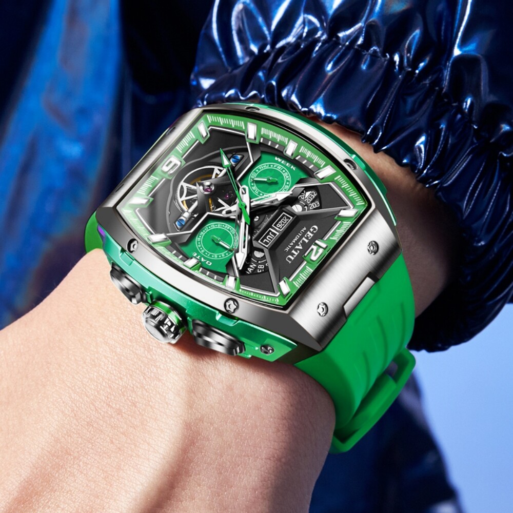 Men’s Automatic Mechanical Watch Tonneau Sapphire Glass 50M Waterproof Luminous