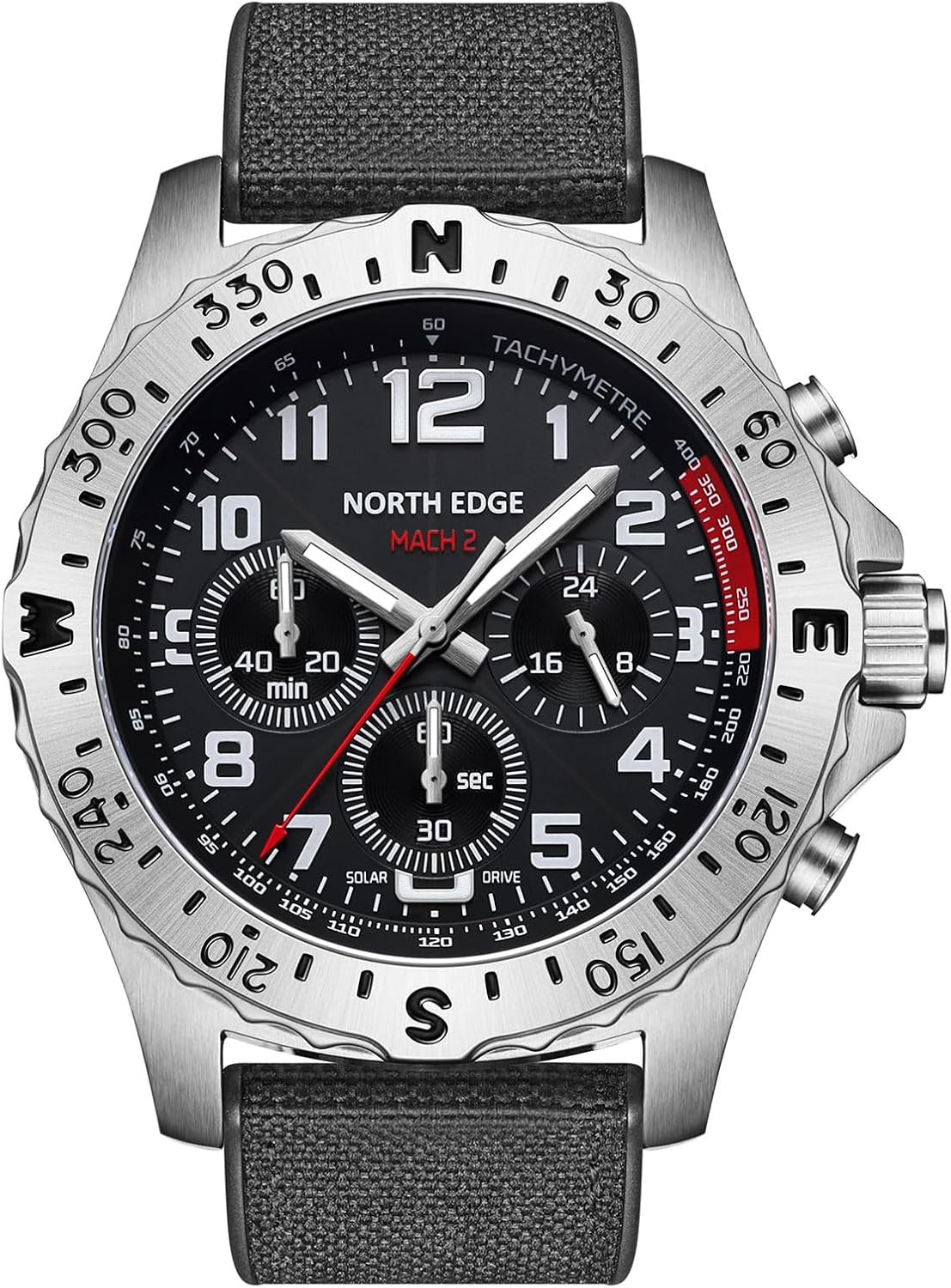 Men’s Solar-Powered Quartz Watch, 50M Water Resistant, Nylon Strap, Stainless St