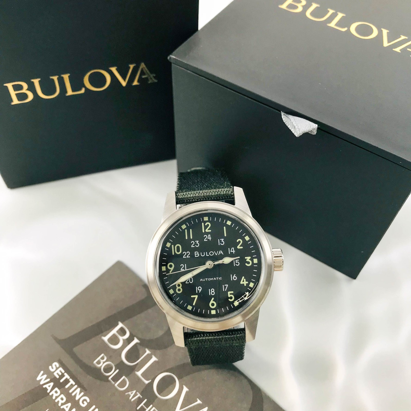 Bulova Special Edition 96A259 Hack Black Dial 38MM Green Fabric Strap Mens Watch