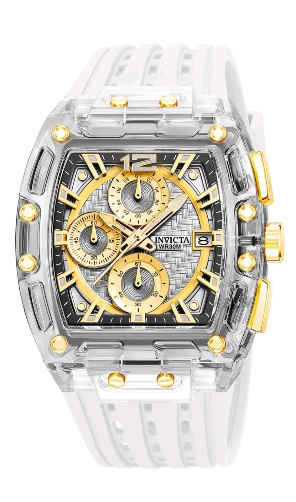 Invicta S1 Rally 70147 Men’s Watch 42mm Clear Gold White Silicone New Box
