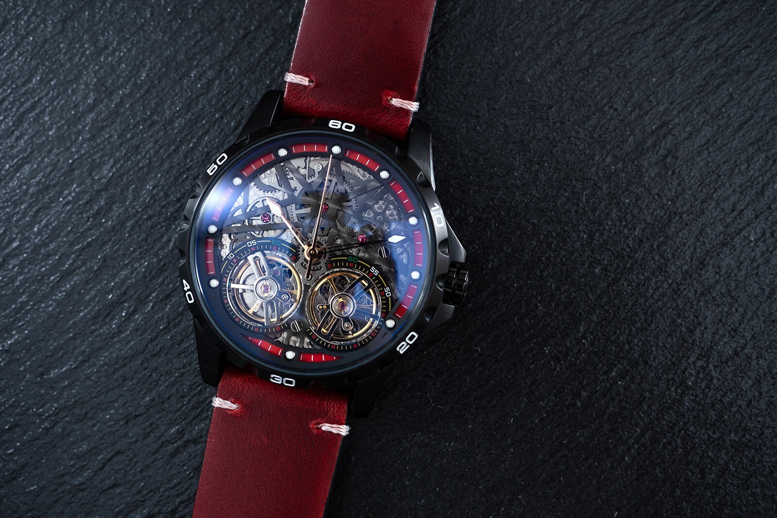Mens Black Double Flywheel Automatic Mechanical Watch Oil Waxed Dark Red Leather