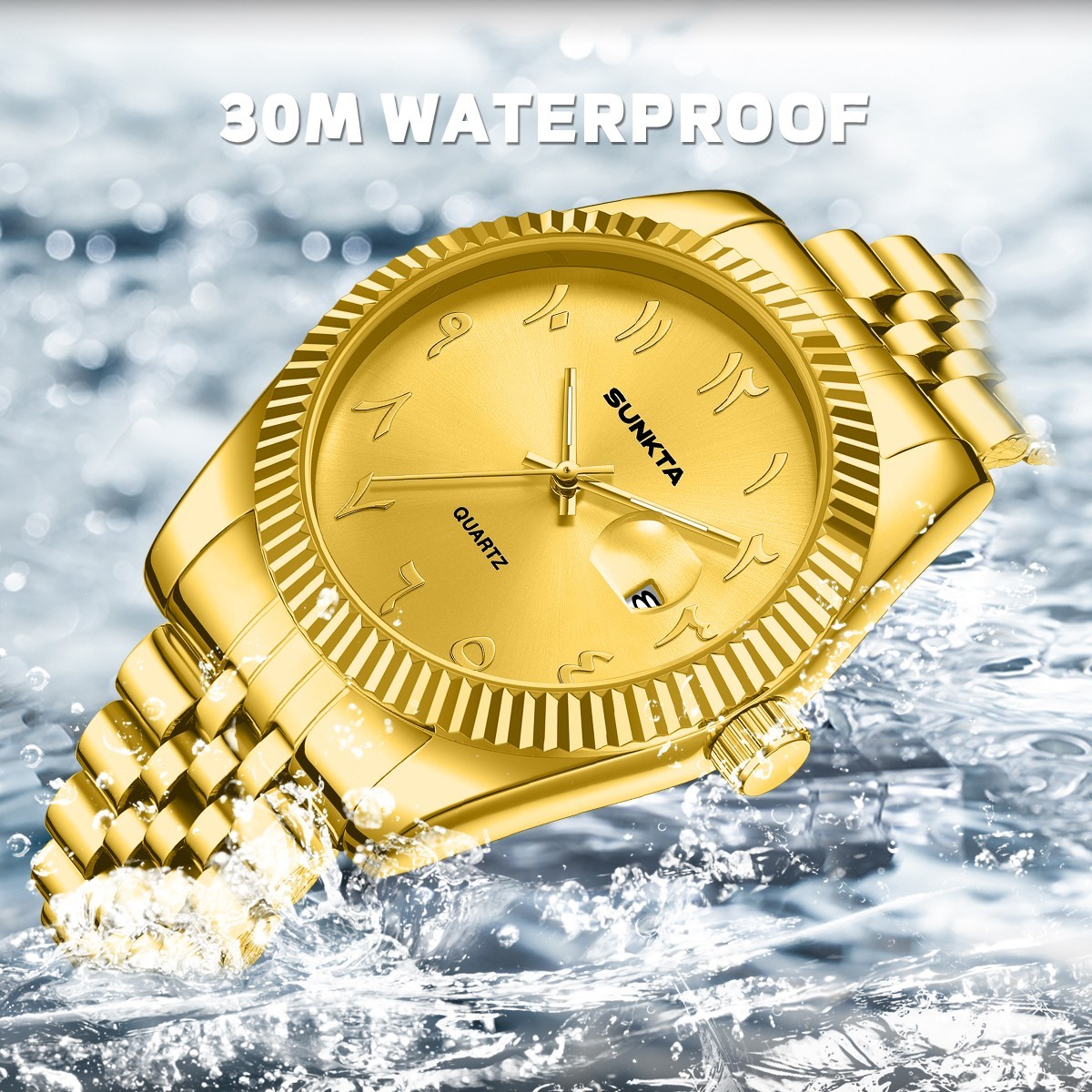 Men Watch Luminous Waterproof Stainless Steel Calendar Quartz Wristwatch Golden