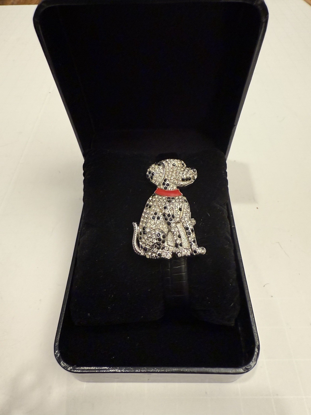 Gossip Crystals Bling Dalmation Puppy Dog WATCH Black Leather Band New In Box