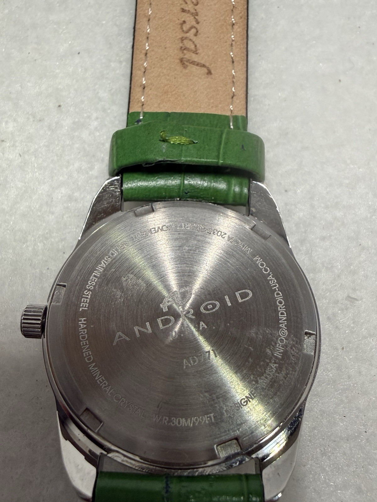 Android AD7 – MOP‑dial – green‑leather – stainless‑steel – quartz – 34.25mm