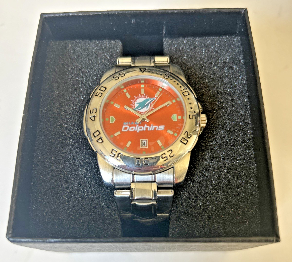 Game Time Miami Dolphins Watch-Men’s-Orange Face-Stainless Steel-date-NEW in Box