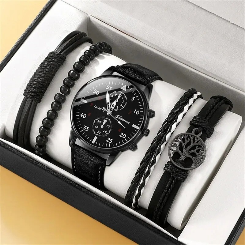 New Men Watch Luxury Bracelet Set Fashion Business Brown Leather Quartz Wrist Wa