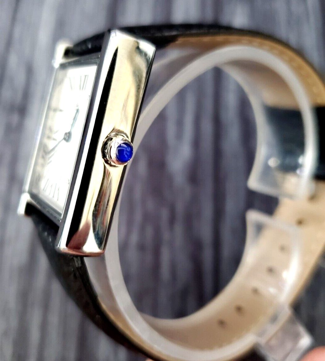 RARE NOS Seiko Men Tank Rectangular Blue Dial Black Leather band Dress Watch