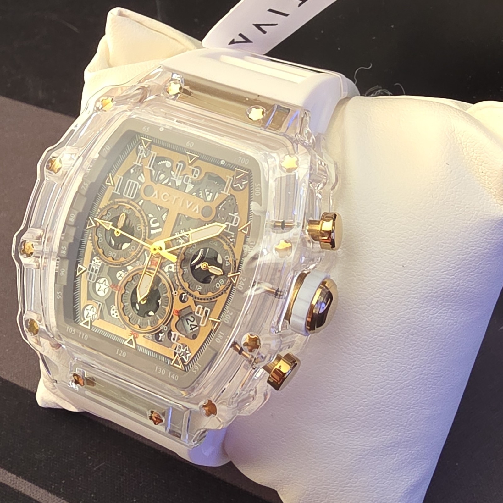Activa Chronograph Quartz Date Skeleton Dial Clear Case White Silicone Strap