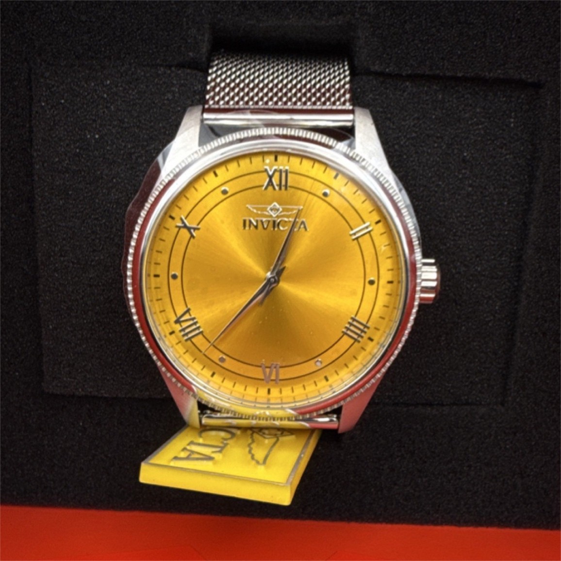 Invicta Men’s Yellow Dial Silver Mesh Band Roman Numerals Stick Indexes Watch