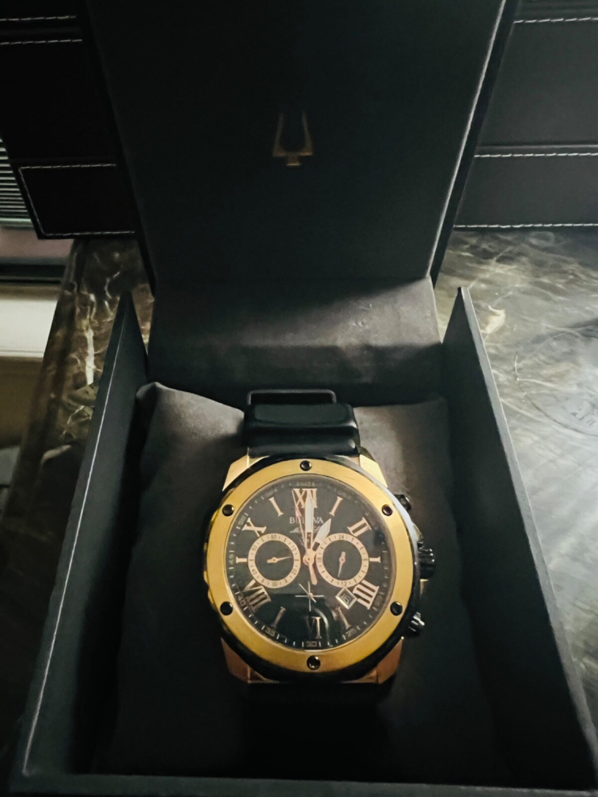 Bulova 98B104 Marine Star Rose Gold Black Dial Black Rubber Band Men’s Watch