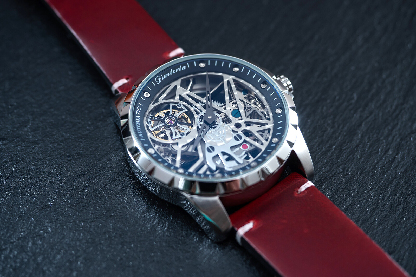 Mens Silver Automatic Mechanical Watch Dark Red Oil Waxed Leather Strap Gift