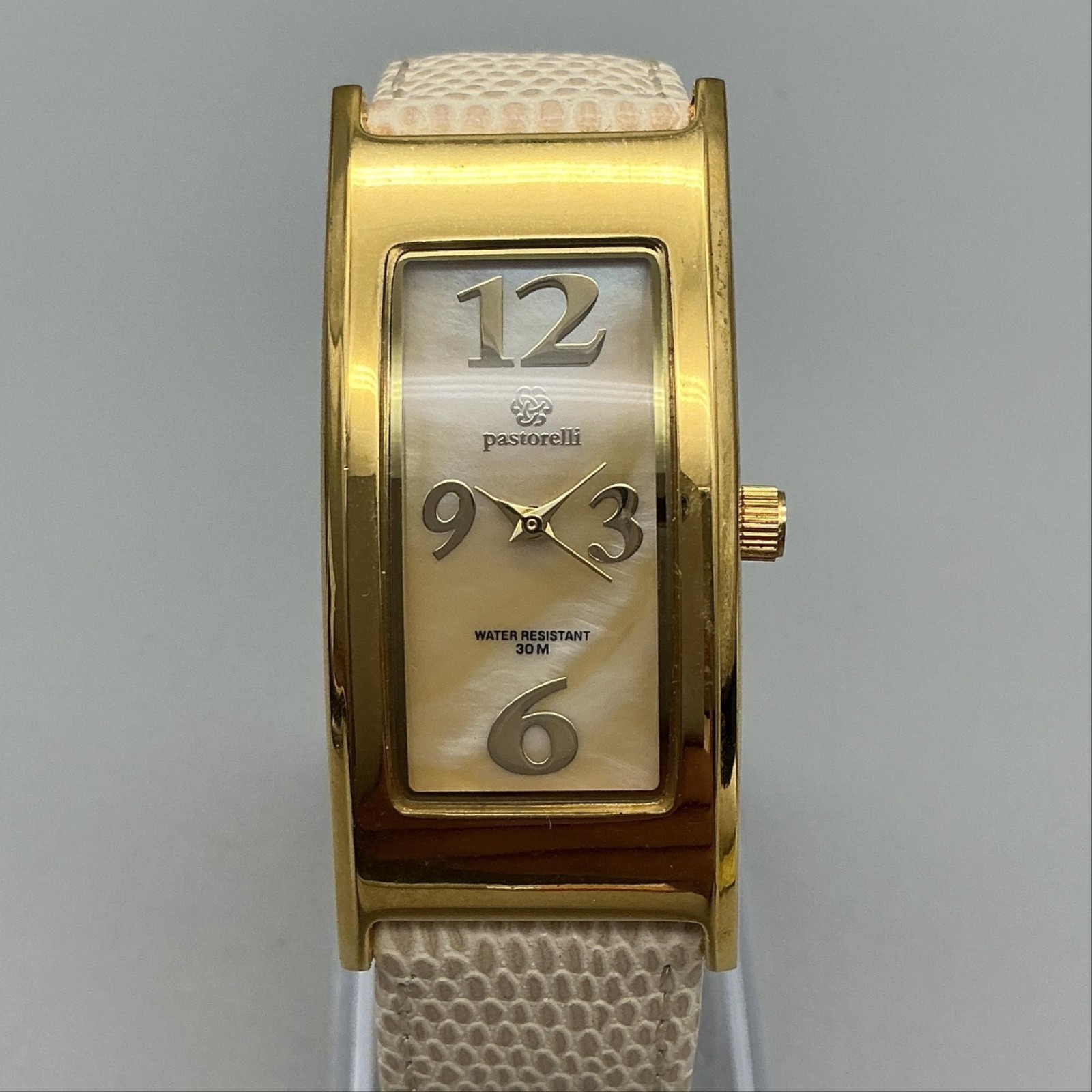 Pastorelli Womens Watch 21mm MOP Dial Gold Tone Rectangle Leather New Battery