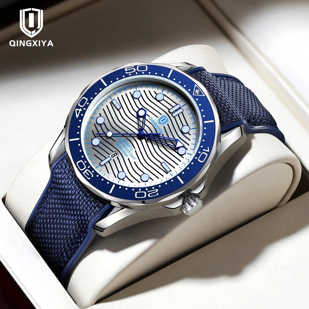 44MM QINGXIYA Diver Quartz Watch Men’s Nylon Band 30M Waterproof Luminous NEW