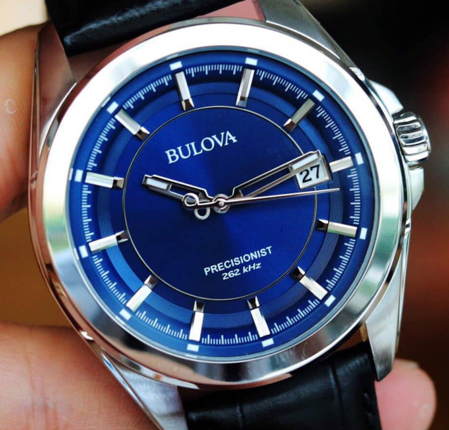 Bulova Precisionist Blue Dial Silver Tone Black Leather Band Men’s Watch 96B257