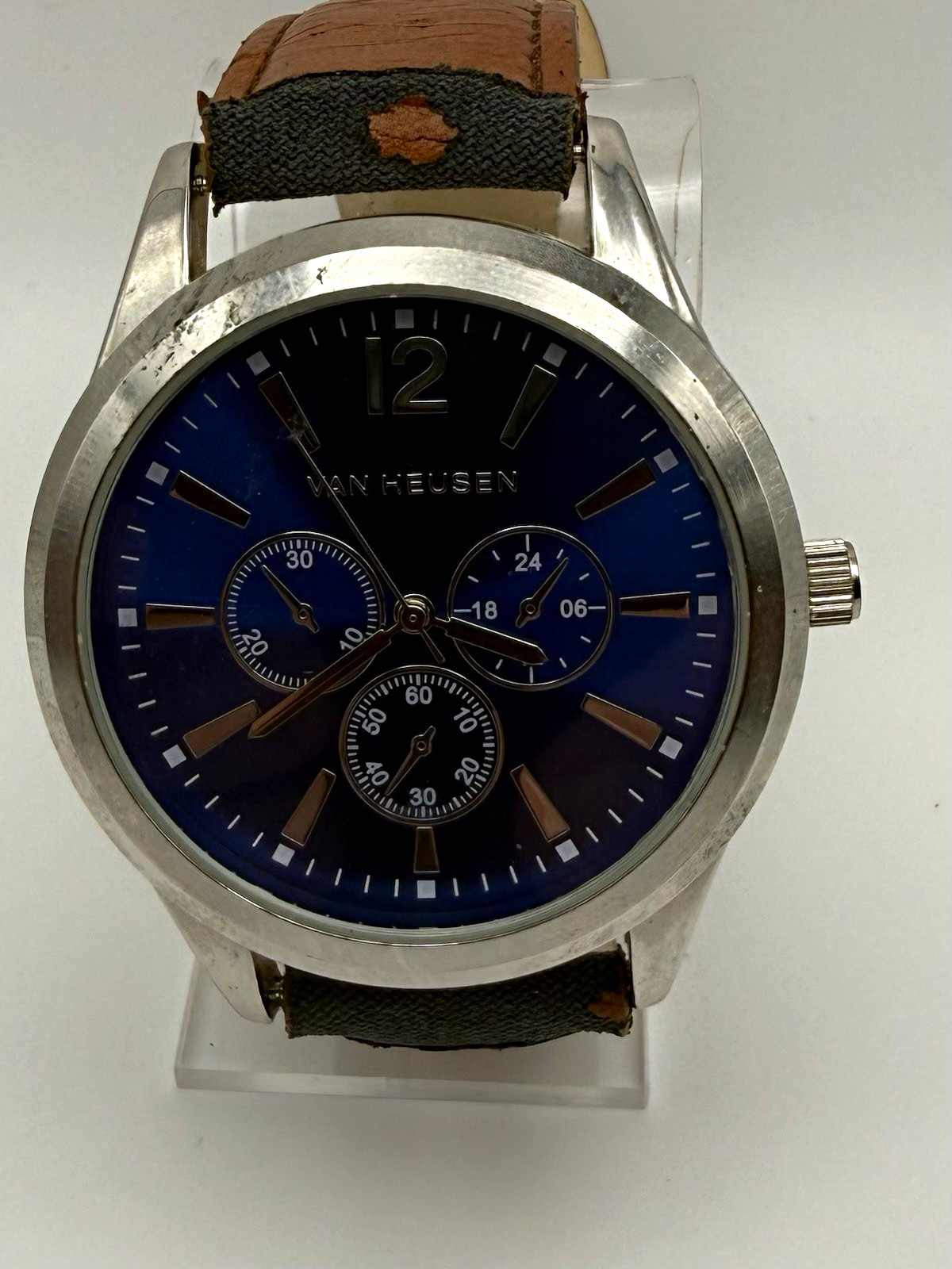 Van Heusen Mens Quartz Analog Blue Dial Silver SS Brown Leather Strap Watch