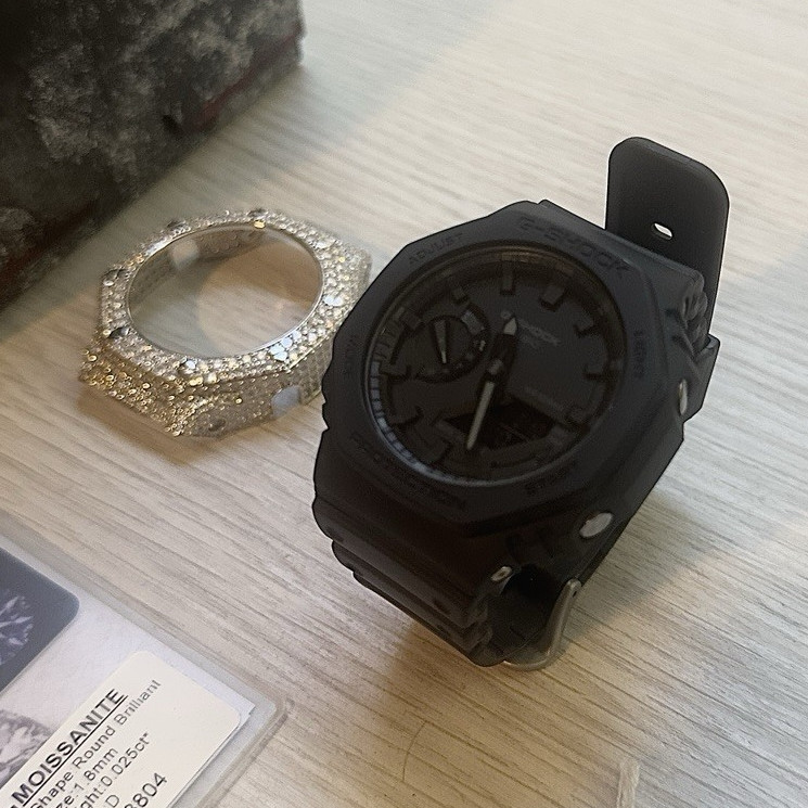 G-SHOCK GA-2100 Black Resin Watch Mens Comes with Moissanite Bezel And OG Bezel