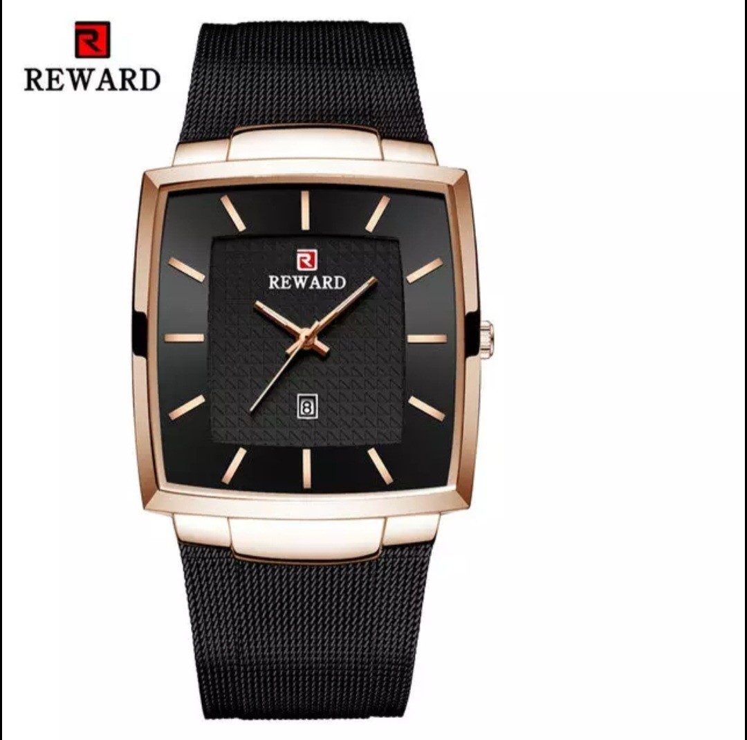 REWARD Men Square Watch Black Dial Mesh Strap Gold Tone Dress Analog Date NWT