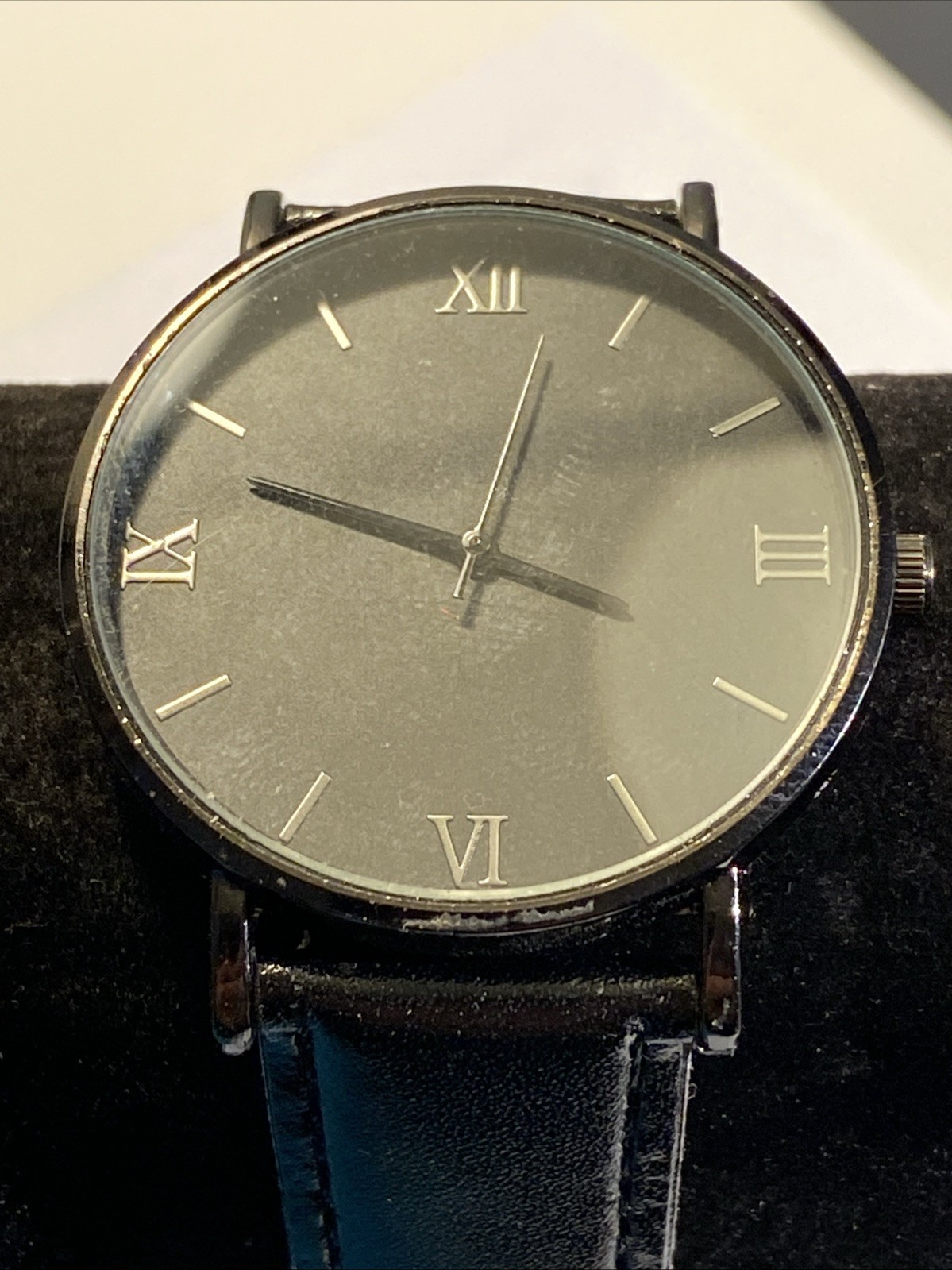 Men’s 40mm Blackout Watch All Black Dial Faux Leather Strap New Battery