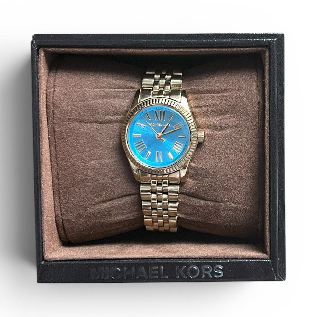 Michael Kors MK-3271 Blue Dial Roman Numerals Gold SS Bracelet Quartz 50m