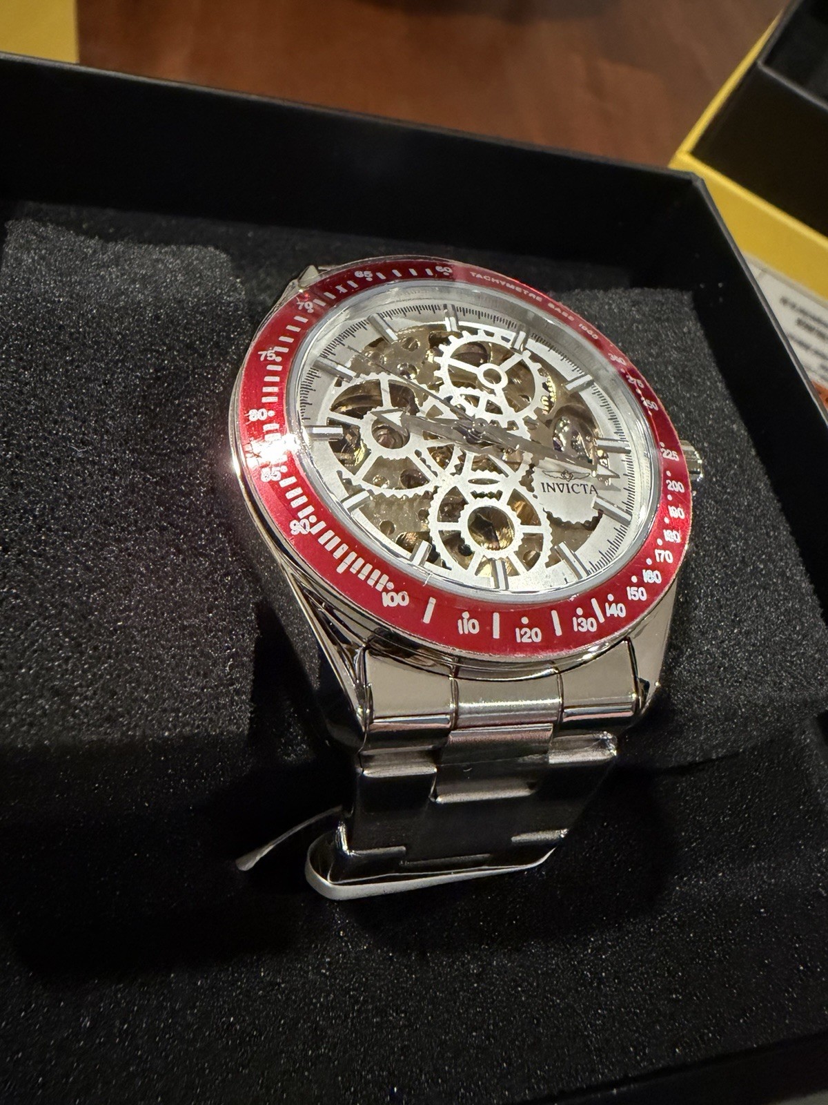 Invicta Men’s AUTOMATIC Skeleton Analog Watch Silver Bracelet Red Tach 45mm