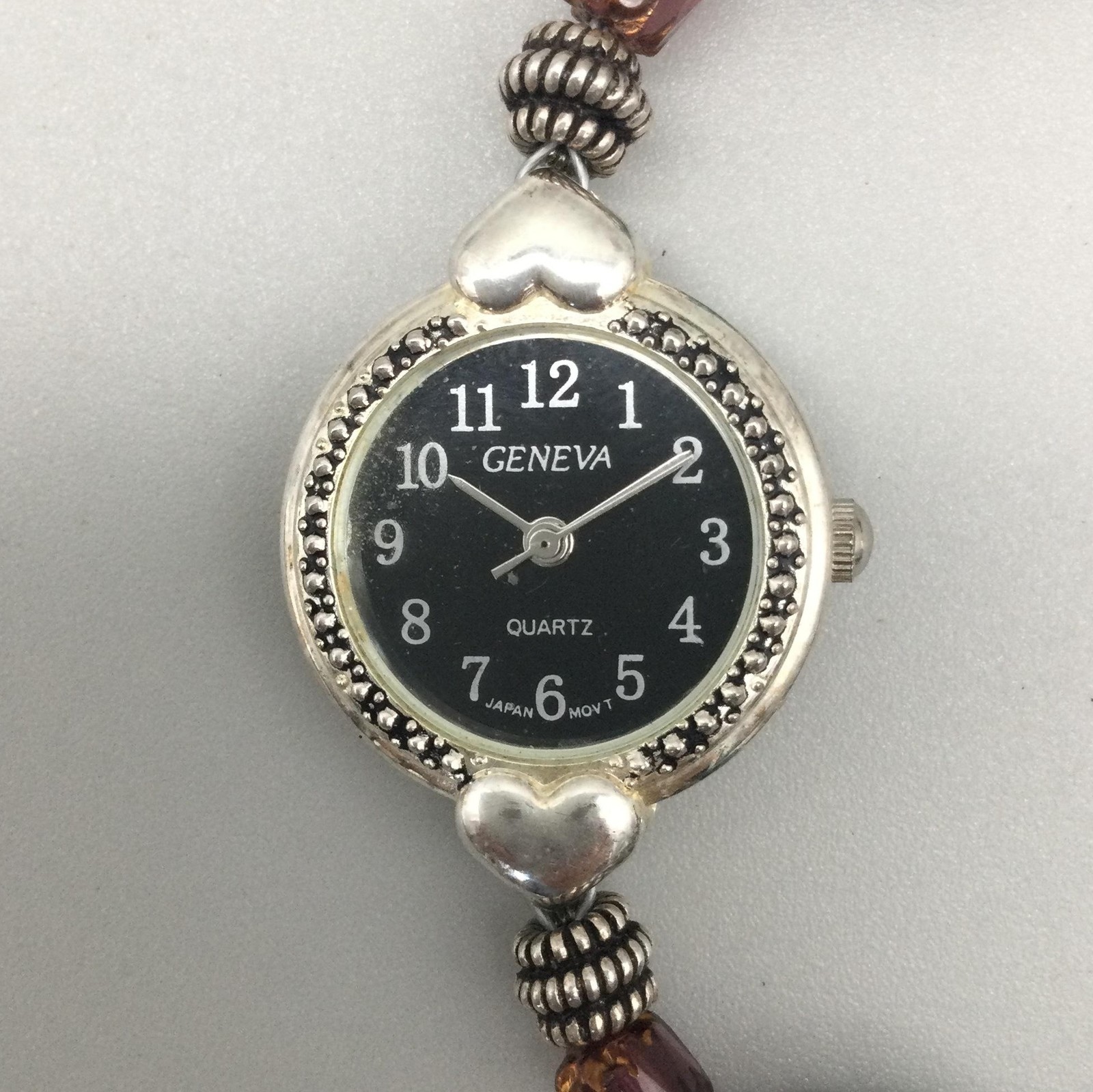 Geneva Womens Watch 23mm Black Dial Silver Beaded Hearts New Battery 7.5″
