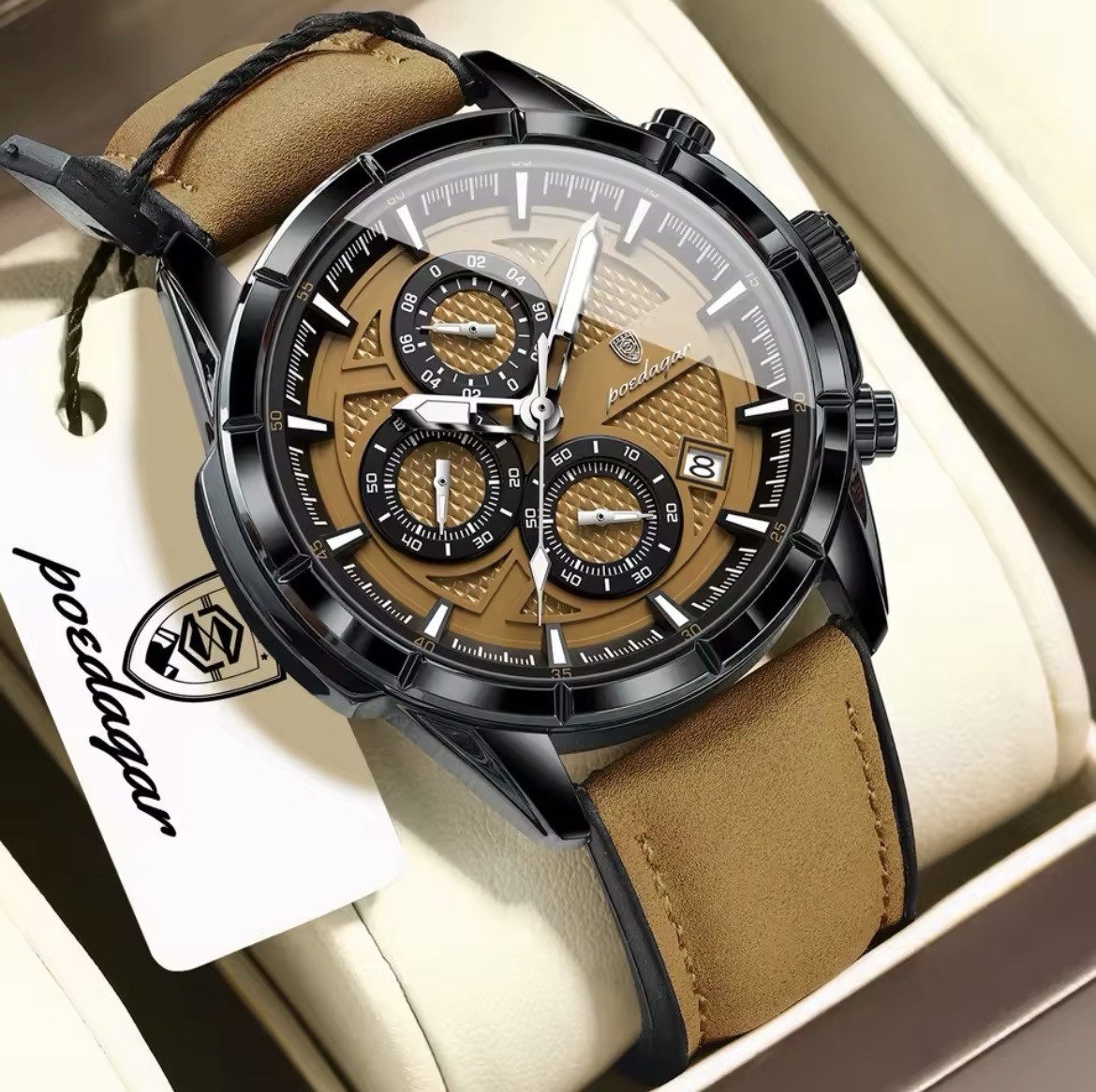 posdaar Men’s Quartz Watch Brown Dial Date Luminous 3ATM Leather Strap 44-47mm