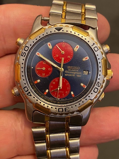 Seiko 7T32-6B89 World Timer Chronograph Quartz Red Blue Dial Men’s Watch