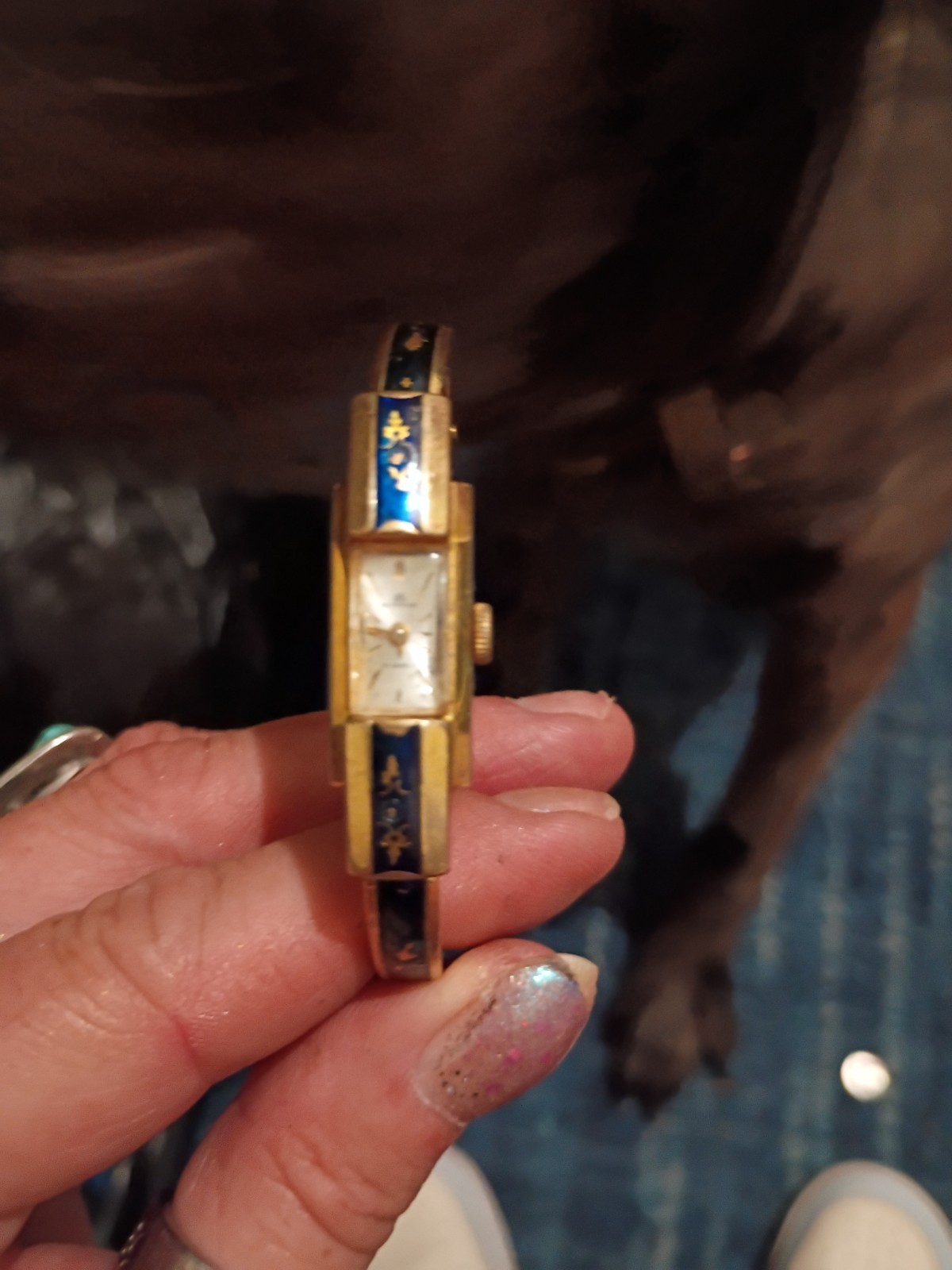 Vintage Bucherer Womens Watch 11mm Gold Plated Enamel Bangle Manual Swiss 6.25″