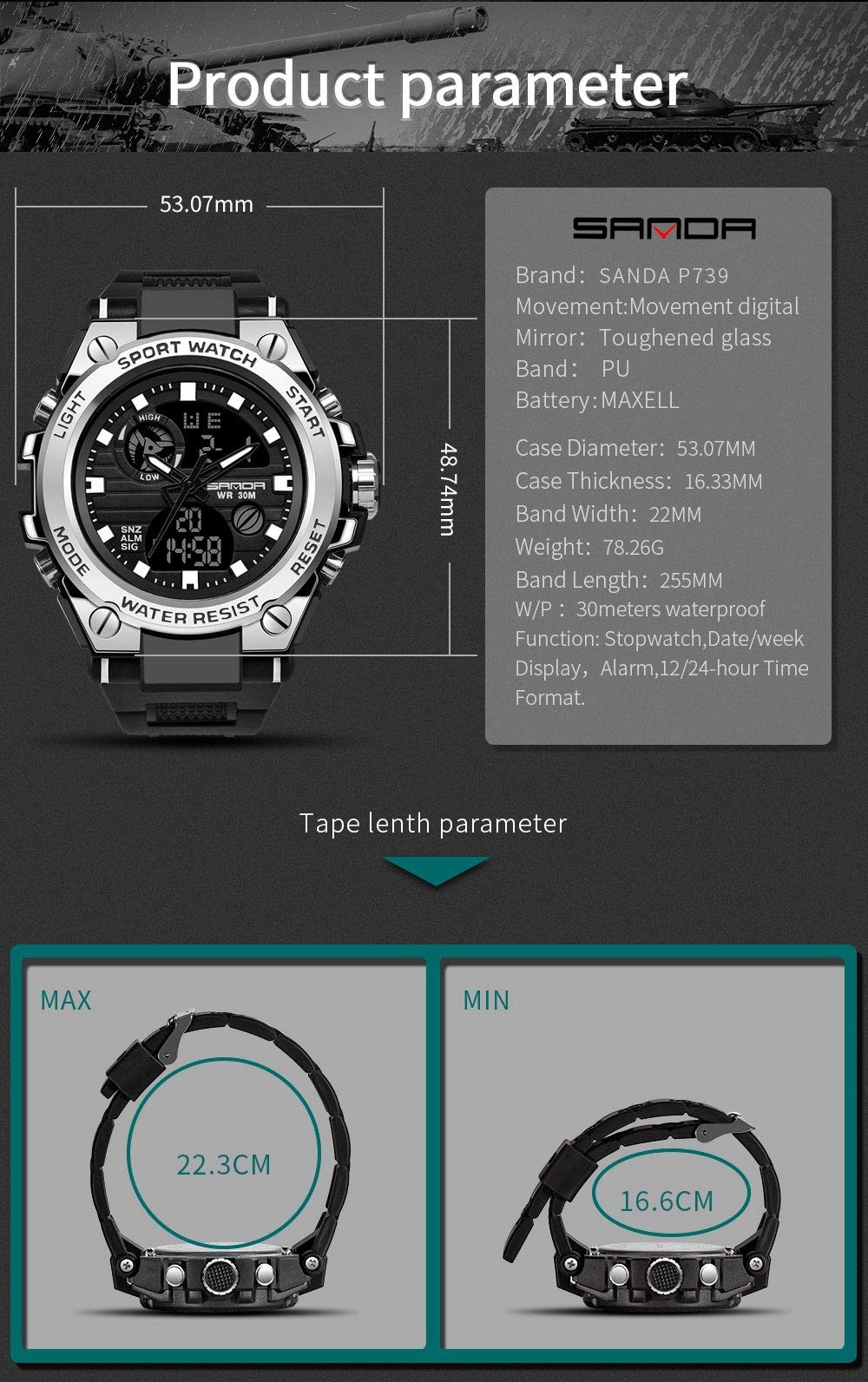 Men’s Watches Sports Outdoor Waterproof Military Watch Date Multi Function