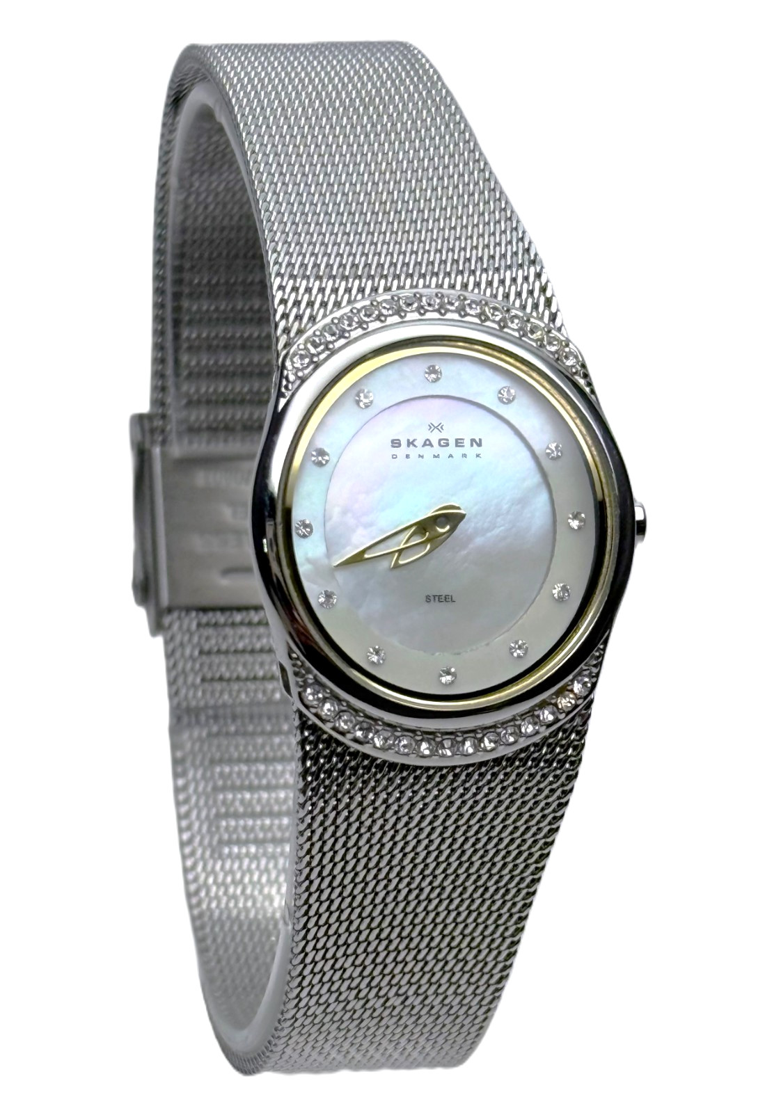 SKAGEN STEEL 686XSGSC MOP DIAL SILVER & GOLDTONE ACCENTS MESH BAND LADIES WATCH