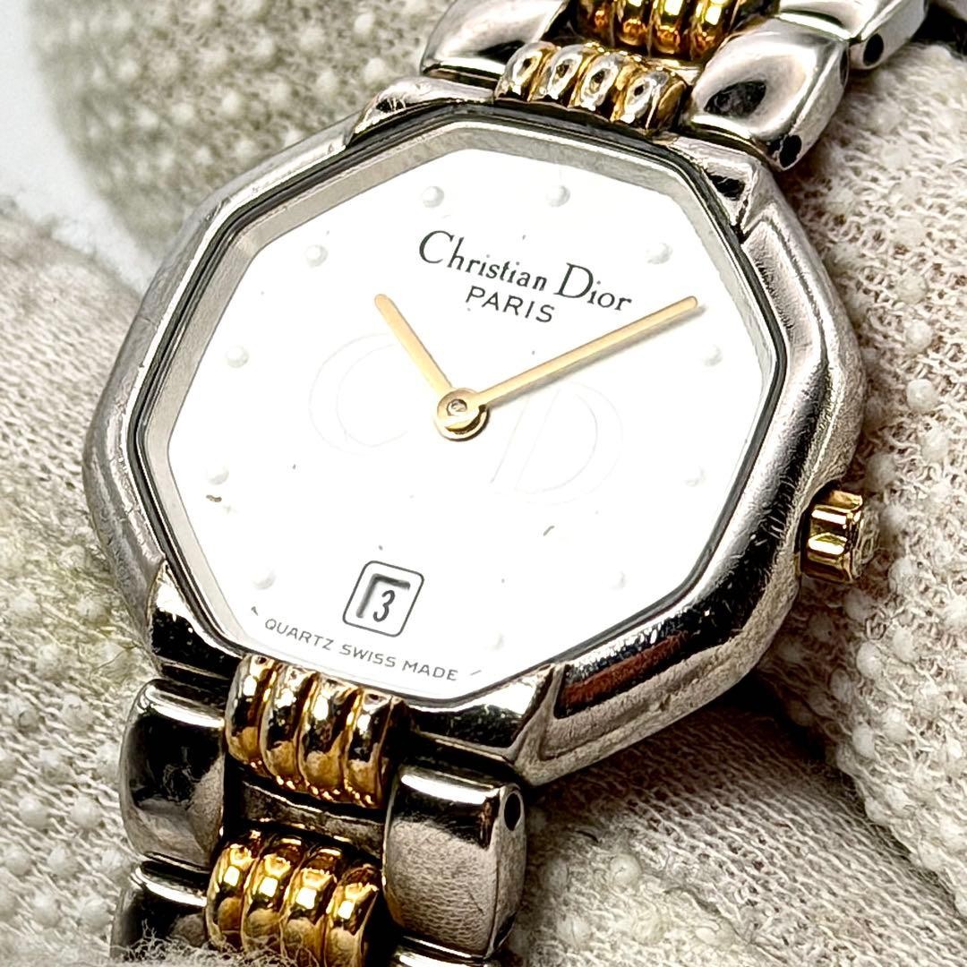 Christian Dior 48-203 Octagon Date White Quartz Wristwatch Japan 073432