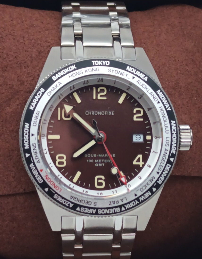 Chronofixe Sous-Marine GMT Watch 100M World Time Bezel Brown Dial Men’s + Box