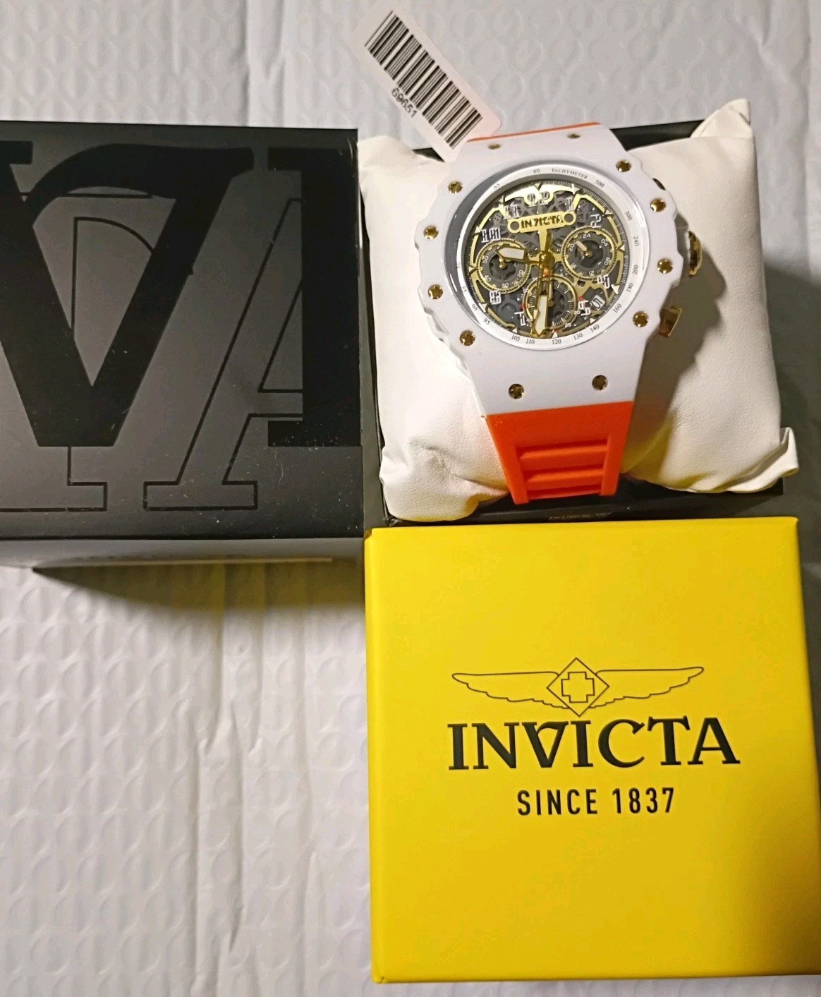Invicta Racing Vaulthan Unisex Adult Watch 69651 44mm White/Orange Band New!!