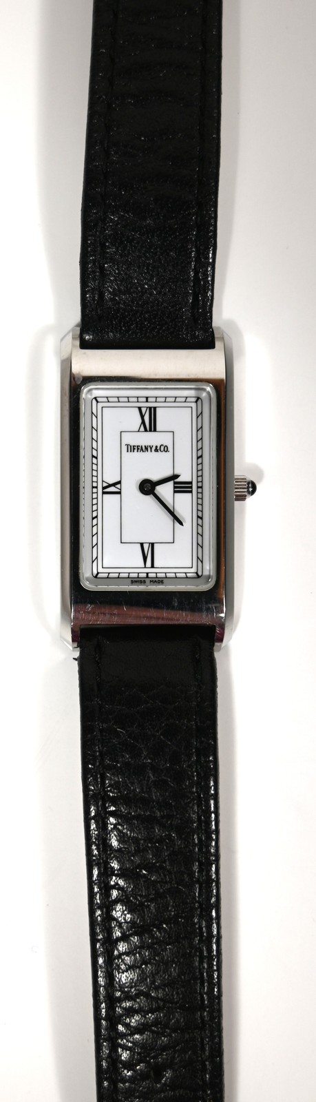 MENS TIFFANY & CO DRESS WATCH White Roman Numerals Dial Black Leather Band, Case