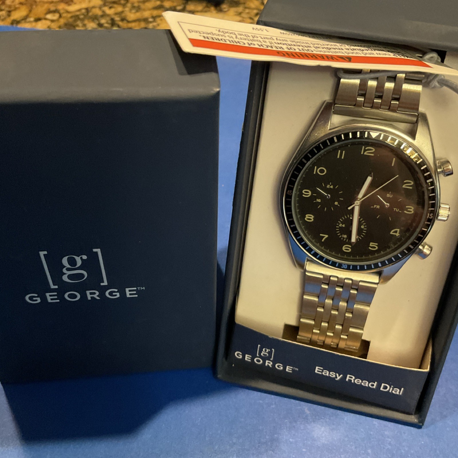 GEORGE Men’s Round Silver Analog Watch Easy Read Black Dial Silver Metal Bd NIB