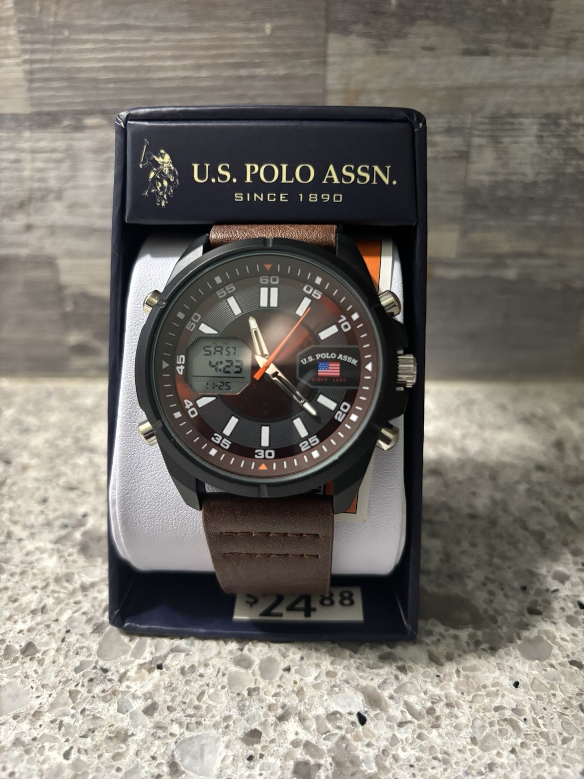 U.S. POLO ASSN. Black Face Brown Leather Band Flag US5297WM NIB
