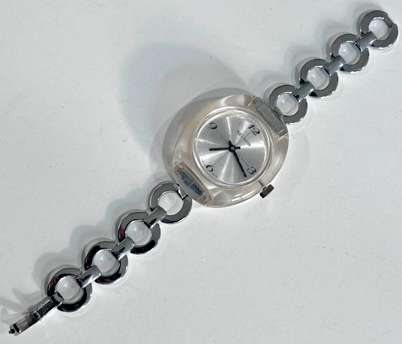 Vintage Nelson Women’s 35mm Swiss Mechanical Watch Silver Dial Clear acrylic