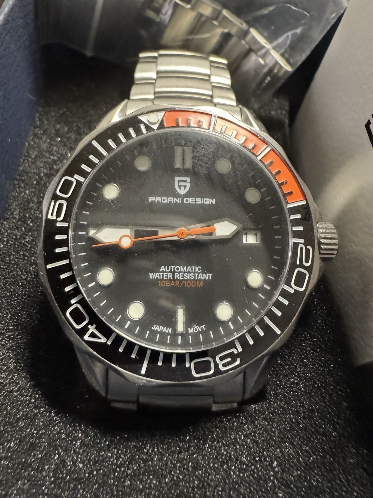 Pagani Design Automatic Diver 100m Date Black/Orange Dial Bezel Steel Bracelet