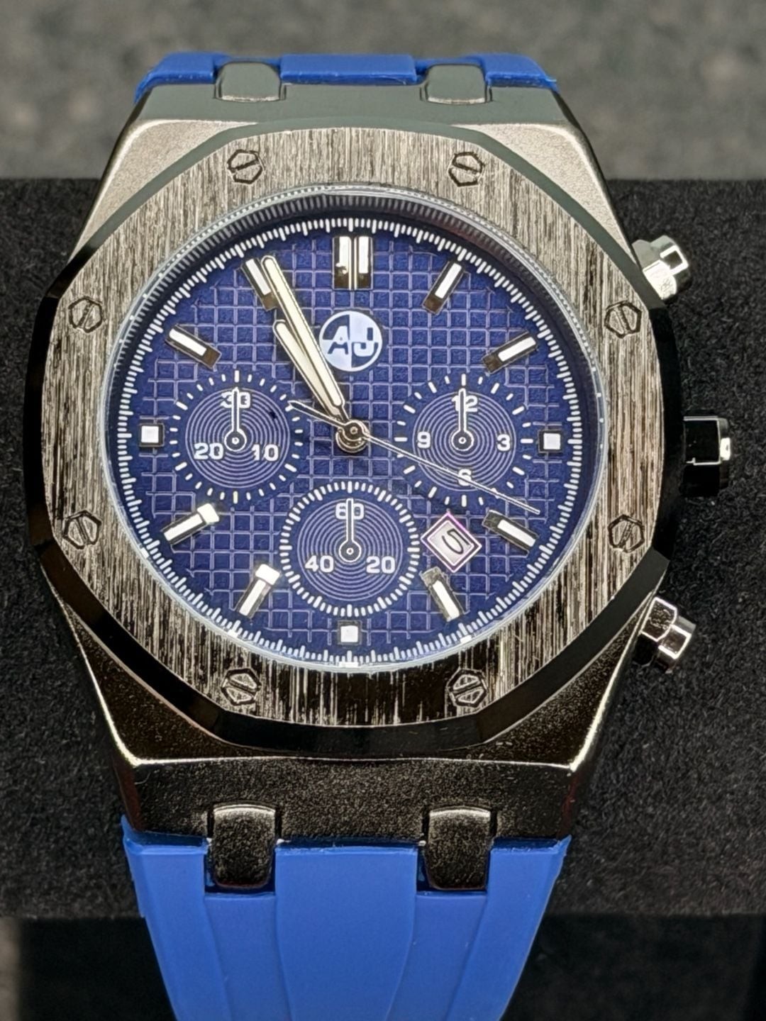 AJ Designed in USA Octagon Chronograph Watch with Blue Rubber Strap