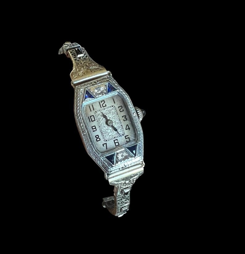 1900 1920 Antique Estate VTG 14KT White Gold Sapphires Benrus Watch